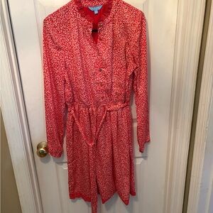 Draper James Red and White Printed Long Sleeve Tie-Waist Dress